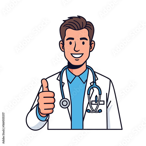 A friendly doctor in a white coat with a stethoscope around his neck gives a thumbs up, , conveying a sense of trust, expertise, and positive healthcare experience