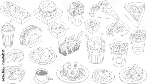 Outline hamburger and fries American food vector, vector