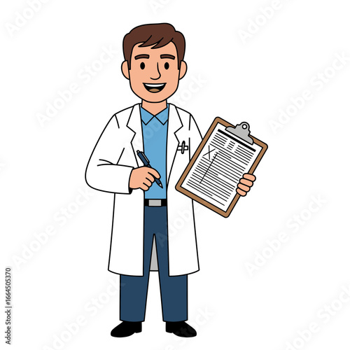 A friendly doctor in a white coat is holding a clipboard and pen, ready to diagnose and treat patients, providing expert medical care and health checkups