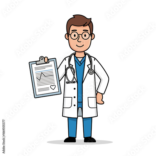 A friendly cartoon doctor in a white coat holding a clipboard with medical information, , showcasing healthcare and medical expertise in a simple and approachable style