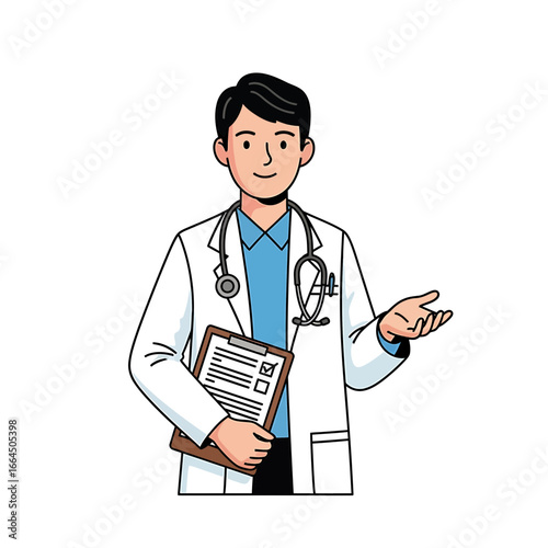Illustration of a friendly doctor in a white coat holding a clipboard and stethoscope, , offering medical advice and healthcare assistance with a confident smile