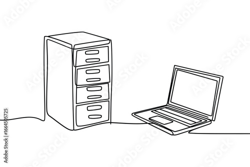 Minimalist line drawing of a filing cabinet and laptop