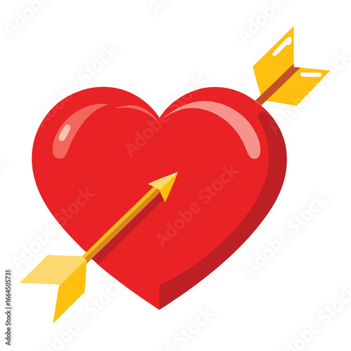 A shiny red heart with a golden arrow piercing through it, a symbol of being struck by love and romantic feeling.