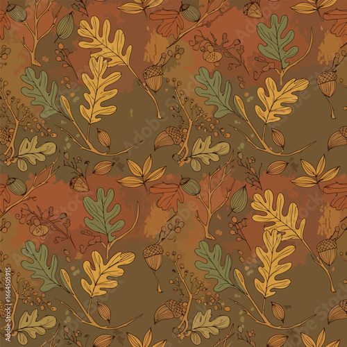Seamless Pattern, Autumn themed seamless pattern with acorns and oak leaves illustration Stock royalty free