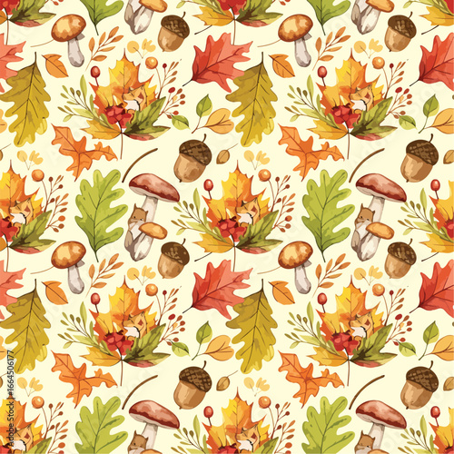 Seamless Pattern, Autumn themed pattern with leaves acorns mushrooms and berries seamless design Stock royalty free image.