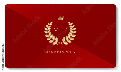 Red and gold luxury premium VIP card with crown, laurel wreath, floral pattern for club members only, casino, invitation. Vector illustration
