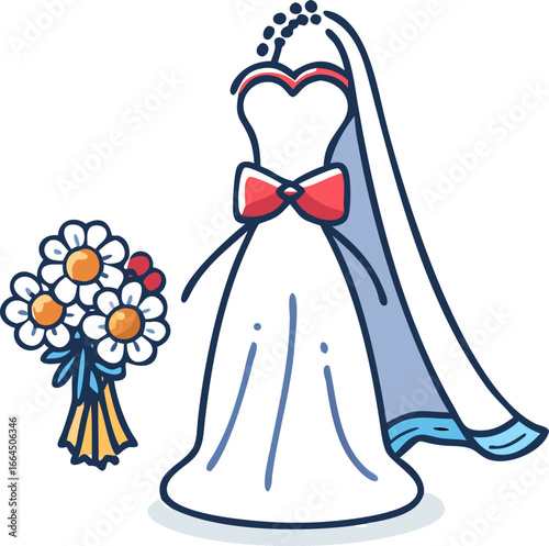 Elegant wedding gown with veil and bouquet isolated on white background