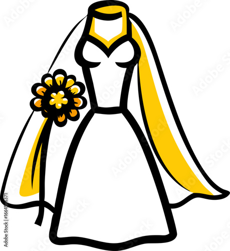 Elegant wedding gown with veil and bouquet isolated on white background