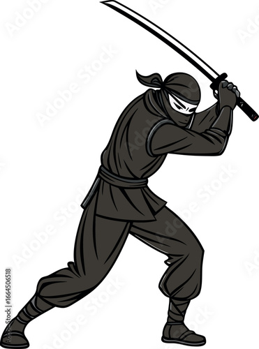 ninja in black outfit with katana sword action .