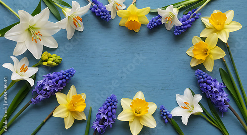 Spring Flowers Frame, Blue Background, Floral Border