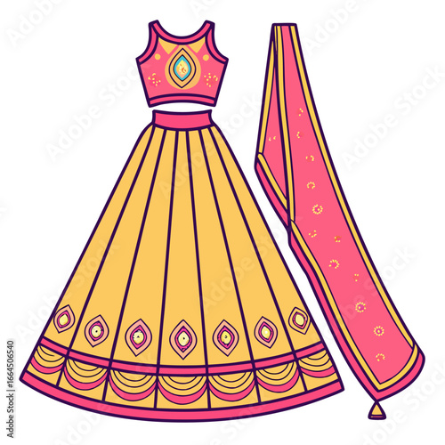 Bollywood lehenga choli with dupatta isolated on white background