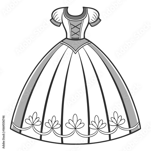 Elegant ballroom gown design with puffed shoulders and corset waist