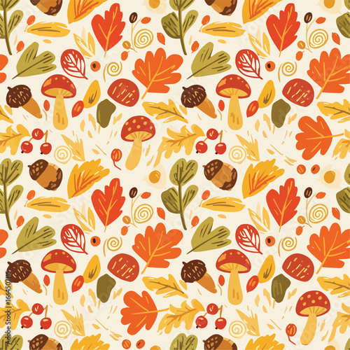 Seamless Pattern, Autumn pattern with leaves, mushrooms, acorns, and berries in warm colors Stock royalty free image.