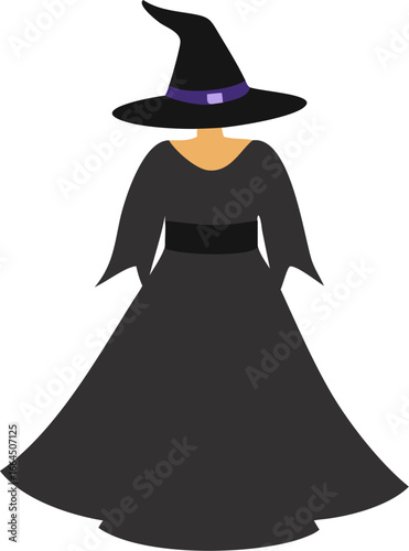 Witch costume with hat and gown isolated on white background