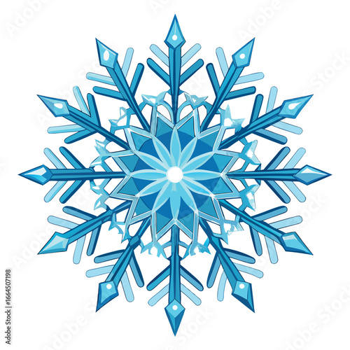A snowflake ornament made of crystal glass with frosty details, a beautiful and elegant icon for winter and holiday.