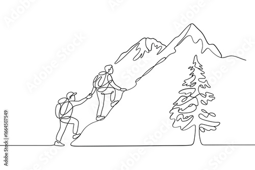 Two climbers helping each other ascend a steep mountain face
