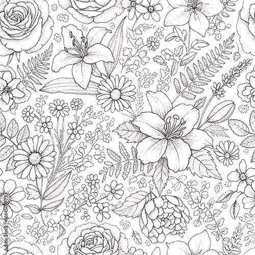 Wallpaper Mural Seamless Pattern, Seamless floral pattern with roses, lilies, and daisies in line art style Stock royalty free image. Torontodigital.ca