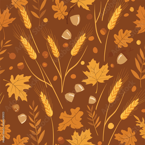 Seamless Pattern, Autumn harvest pattern with leaves, wheat, and acorns in warm brown and gold tones Stock royalty free
