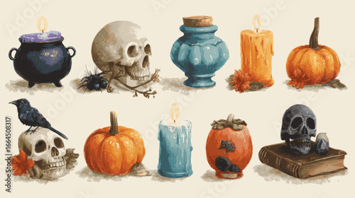 A set of Halloween decorations, including skulls, candles, and pumpkins. The scene is spooky and eerie