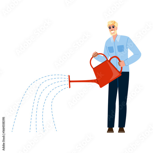 Gardener watering plants with a red watering can