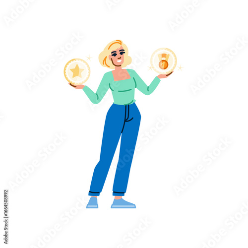 Woman choosing between values and money, moral dilemma concept