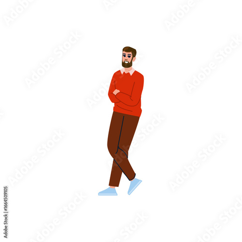 Smiling bearded man crossing legs and folding arms, minimalist vector illustration