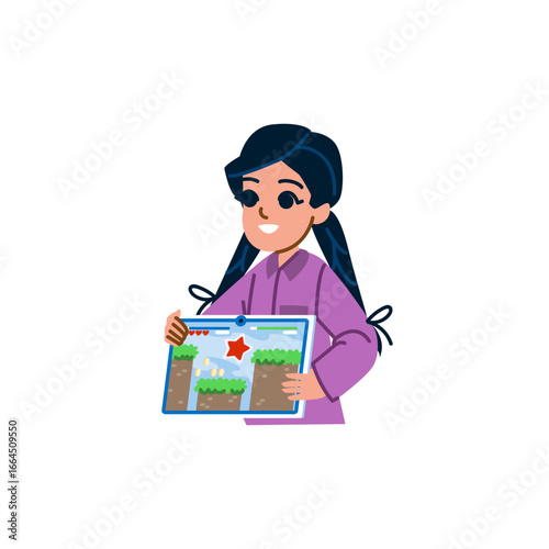 Smiling girl playing mobile game on tablet, holding device showing platform game interface