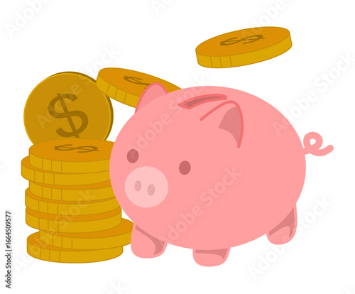 Cute pink piggy bank with golden coins illustration. Perfect for finance, saving, investment, banking, business, and educational projects. Ideal for websites, apps, presentations, infographics, and ad