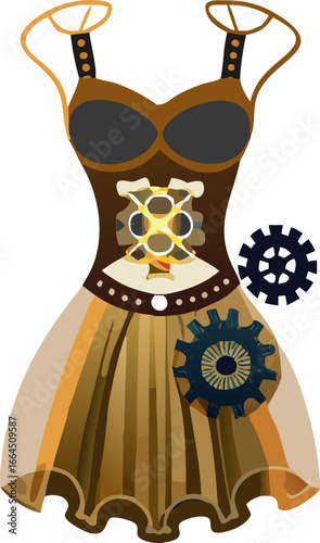 Steampunk dress with gears and corset isolated on white background