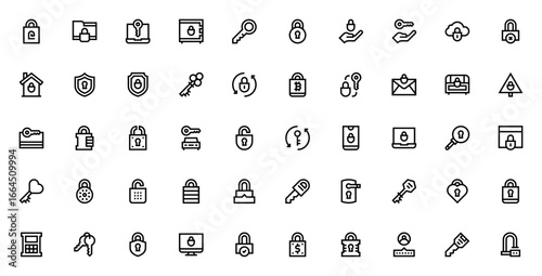 Keys and Locks icon set. Security vector symbols. Includes fingerprint, safe, padlock, key, shield, password, smartphone, bitcoin, and more. Editable thin line icons.