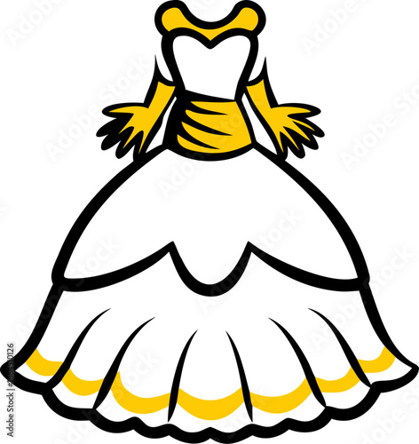 Elegant royal ballroom gown with layered ruffles and glove isolated on white background