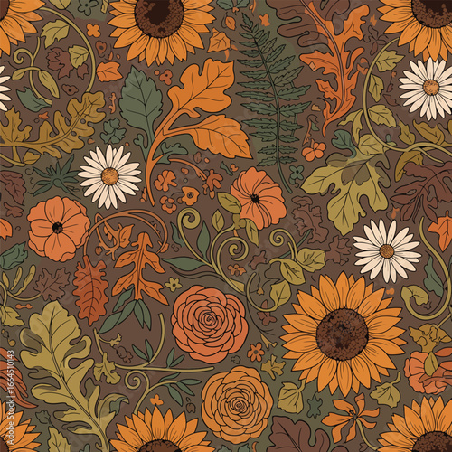 Seamless Pattern, Autumn floral pattern with sunflowers, daisies, roses, and leaves design Stock royalty free image.