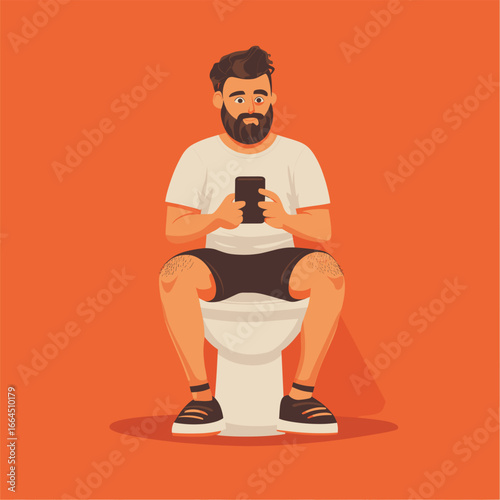 Funny Illustration of a Man Using a Phone on the Toilet