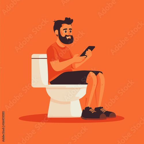 Funny Illustration of a Man Using a Phone on the Toilet