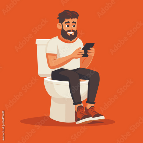 Funny Illustration of a Man Using a Phone on the Toilet