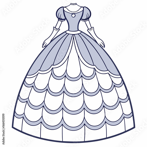 Elegant royal ballroom gown with layered ruffles and glove isolated on white background