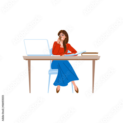 Tired businesswoman yawning at office desk after working on laptop computer and reading book