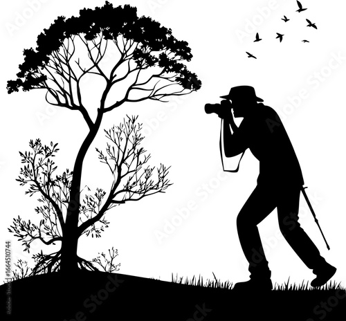 Silhouette of a photographer taking pictures of birds flying near a tree in the wilderness scene