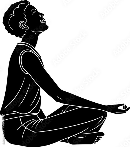 Silhouette of a person meditating in a seated position with head tilted back and eyes closed calmly