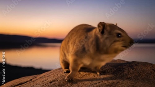 Portrait of a Brown Rock Hyrax on a Sandstone Rock with a Sunset Sky Over a Lake Reflecting Golden and Orange Light during Evening in Nature