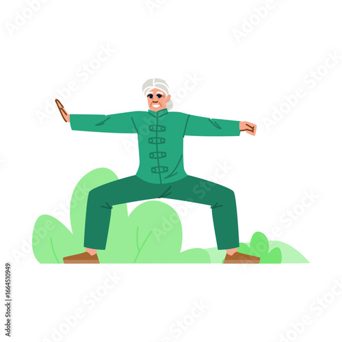 Senior man practicing tai chi chuan in nature, promoting health and wellbeing