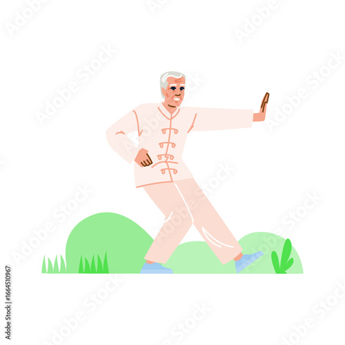 Senior man practicing tai chi chuan in the park, promoting health and wellbeing
