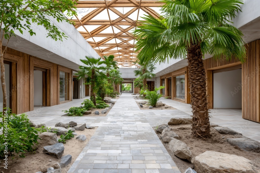 Fototapeta premium Modern building interior courtyard featuring tropical plants and wooden roof