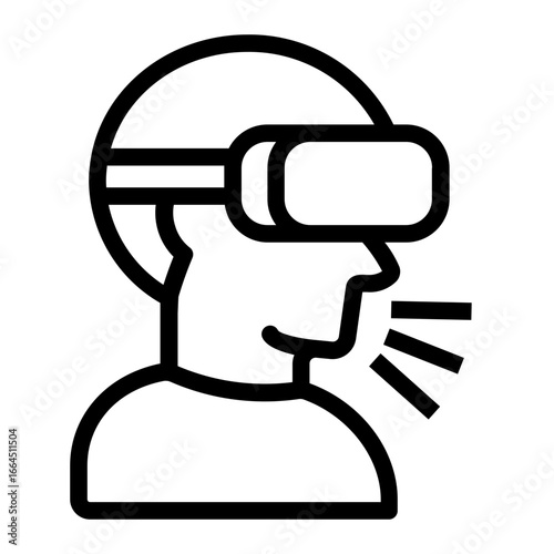Line icon of a person wearing a virtual reality headset using voice commands, representing metaverse communication and interactive experience