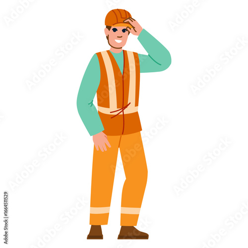 Smiling construction worker adjusting hardhat, safety and professionalism in the workplace