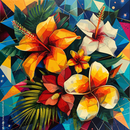tropical flowers with geometric patterns
