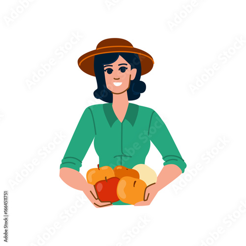 Farmer woman holding harvested fruits and vegetables, local farming and agriculture