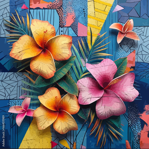 tropical flowers with geometric patterns