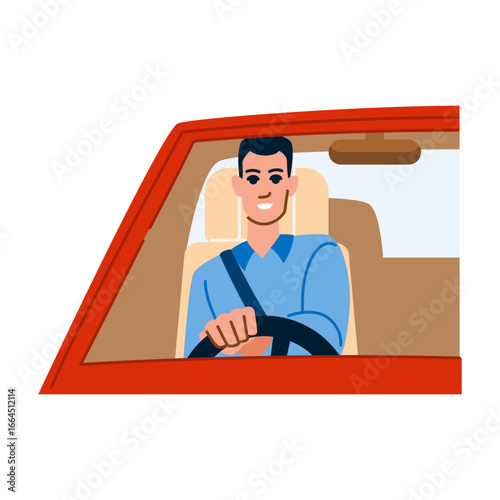 Smiling man driving a red car wearing seatbelt