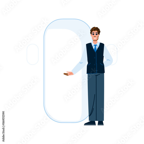 Flight attendant welcoming passengers aboard airplane at airport gate